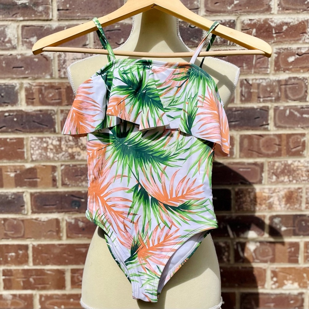 Girls Size 8 One-Piece Swimsuit ☀️ Flounce Top ☀️ Palm Leaves - Super Cute!!